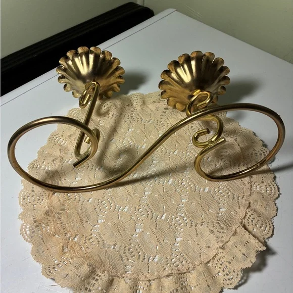 Vintage Metal Candlestick Holder Double Gold Tone Floral Tapered - Picture 5 of 5